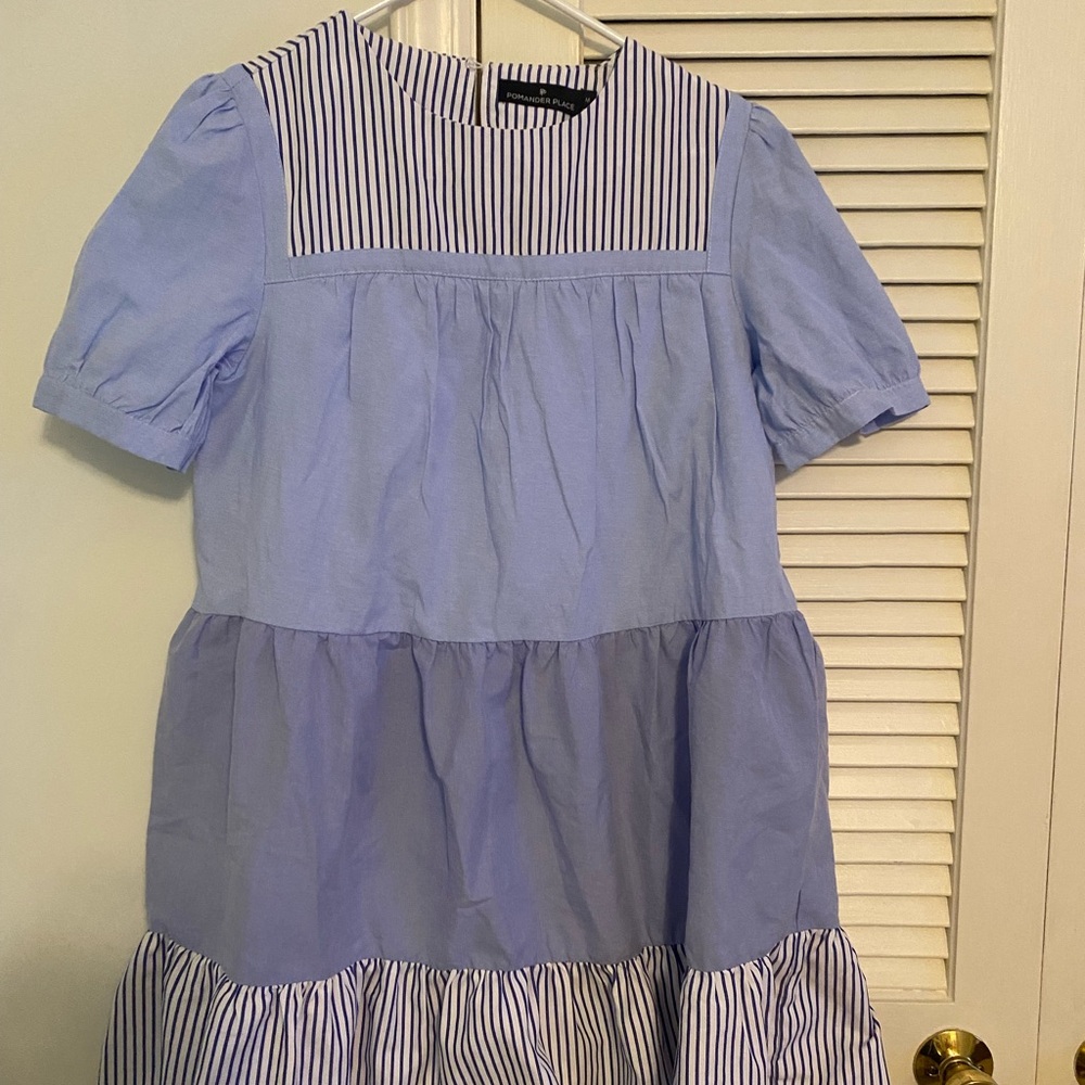Pomander Place Light Blue and Navy Striped Dress